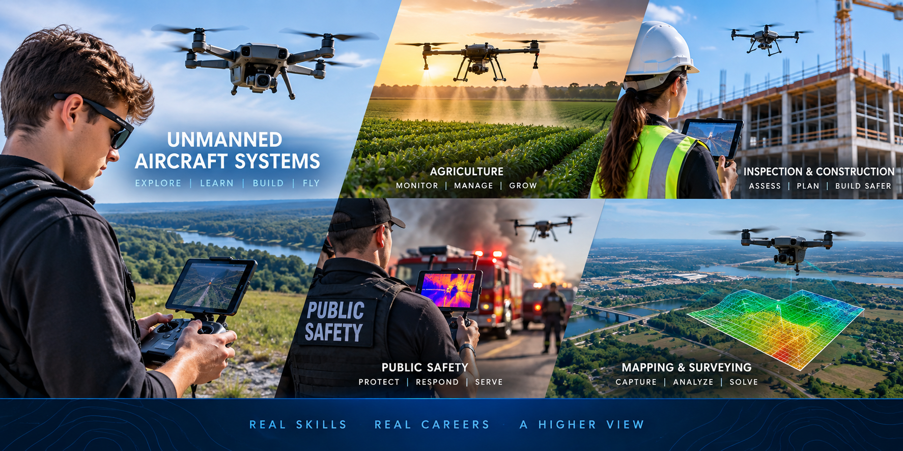 Unmanned Aircraft Systems careers using drones in agriculture, construction, public safety, mapping, and surveying
