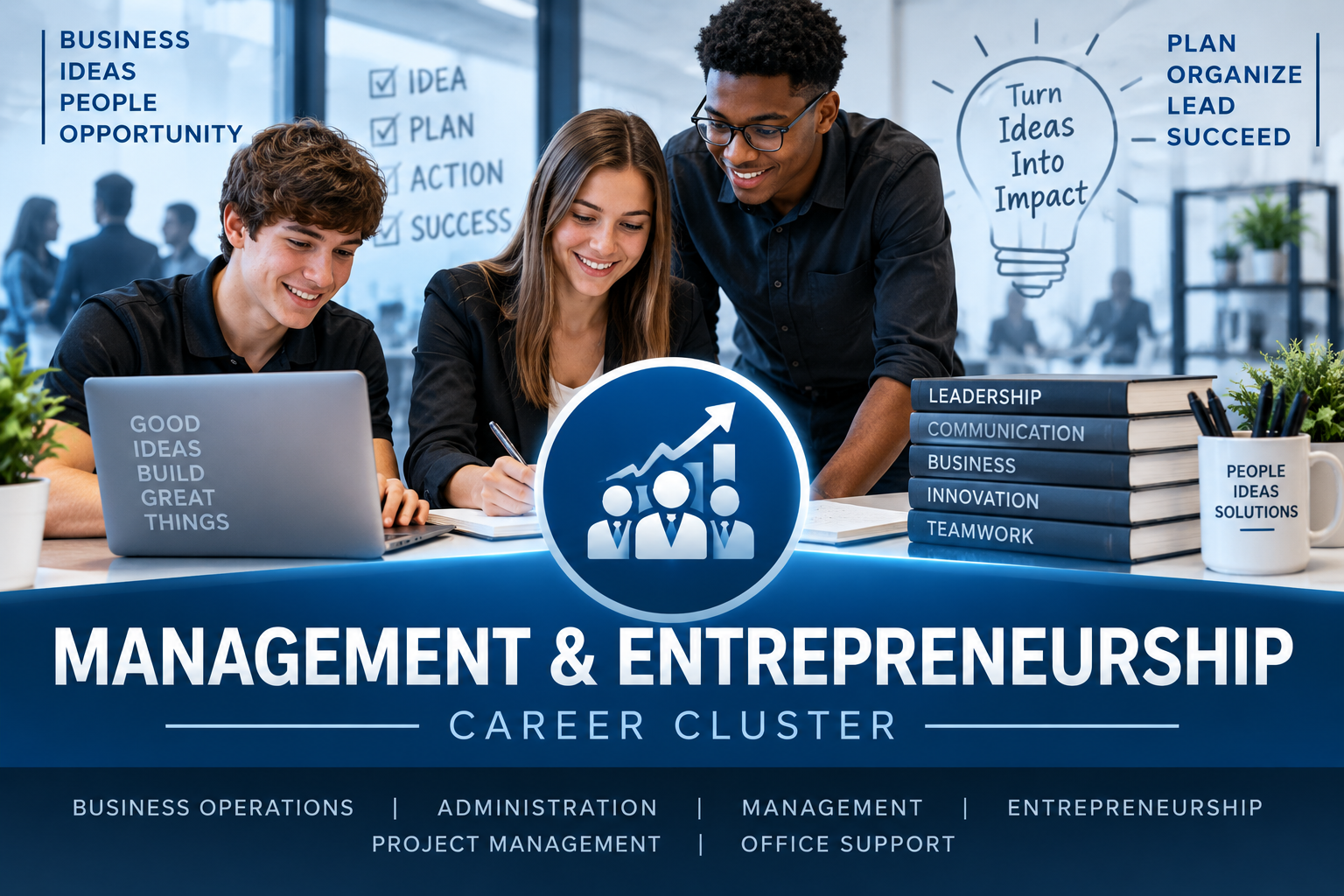 Management and Entrepreneurship career cluster featuring business, leadership, teamwork, administration, and entrepreneurship